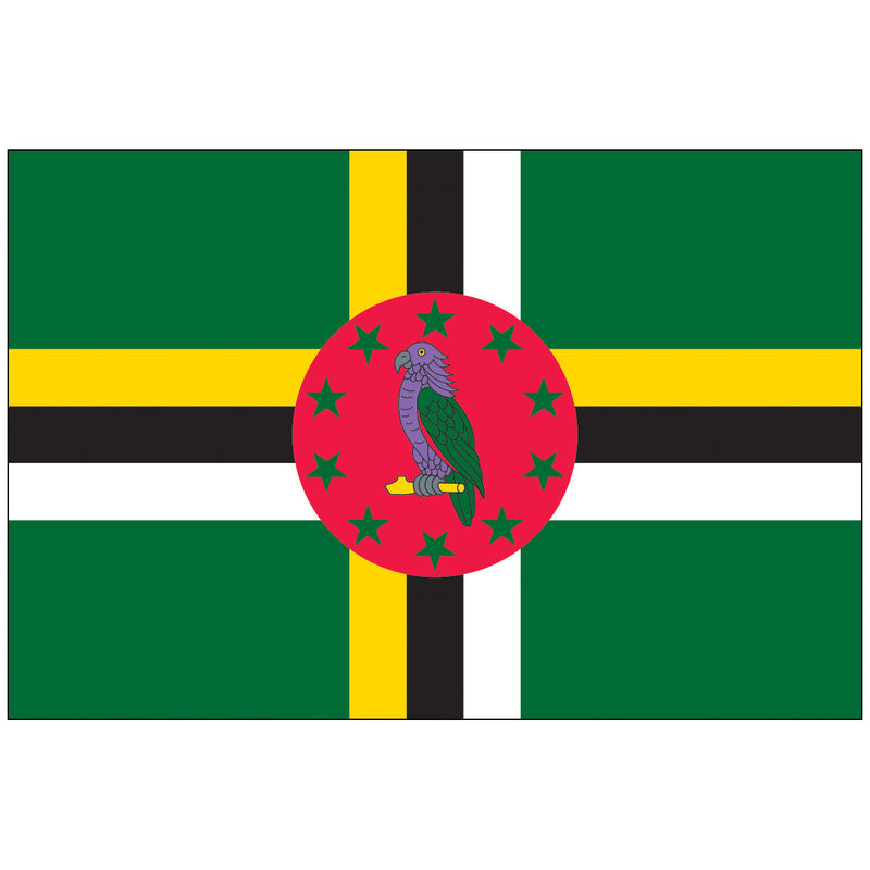 Load image into Gallery viewer, Flag of Dominica made of nylon, featuring a green field crossed by horizontal and vertical bands of yellow, black, and white, centered with a red circle containing a Sisserou parrot and ten green stars.
