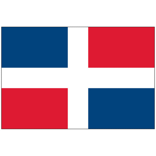 Civil flag of the Dominican Republic, featuring a large white cross dividing the flag into four quarters: blue (top-hoist, bottom-fly) and red (top-fly, bottom-hoist).