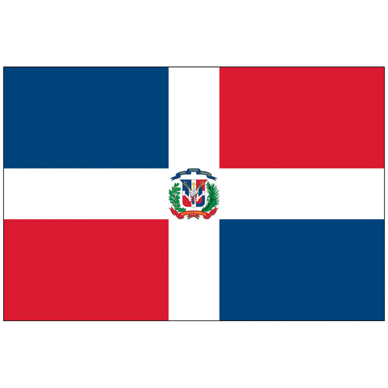 Load image into Gallery viewer, State flag of the Dominican Republic with the national coat of arms prominently centered on the white cross, featuring blue and red quarters.
