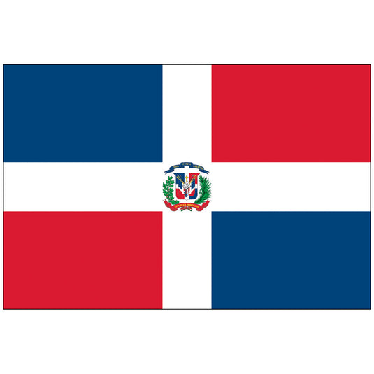 State flag of the Dominican Republic with the national coat of arms prominently centered on the white cross, featuring blue and red quarters.