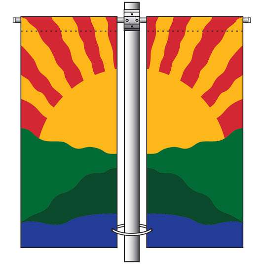 Diagram of the Double Arm Banner Mounting Set with Top Crossbar & Bottom Strap securing two vertical banners on a silver pole. The top uses a rigid crossbar, while the bottom of each banner is anchored by a flexible strap or ring around the pole, demonstrating a wind-release configuration.