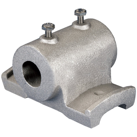 Close-up of the rugged, cast aluminum Double Deluxe Banner Bracket, featuring a textured silver-grey finish. The heavy-duty bracket includes a cylindrical opening for the banner arm and two visible set screws for secure pole mounting.