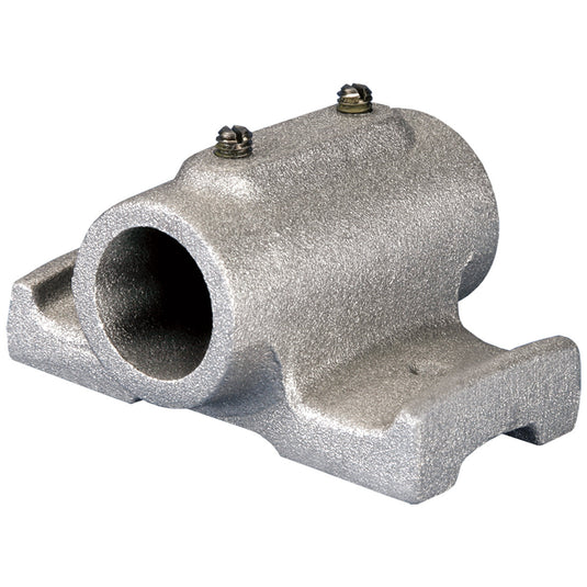 Detailed view of the compact, silver-colored Double Mini Banner Bracket, a durable cast metal fixture for mounting banner arms. The bracket features a cylindrical socket for the pole and two screw holes with exposed metal screws on the top surface.