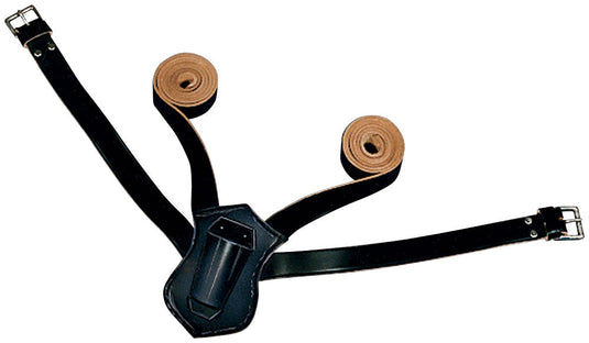Black leather Double Strap Carrying Belt laid out on a white background, featuring a contoured central holder pocket and two long, adjustable straps with silver buckles extending outward. Two lighter, tan leather straps are coiled and draped over the belt.