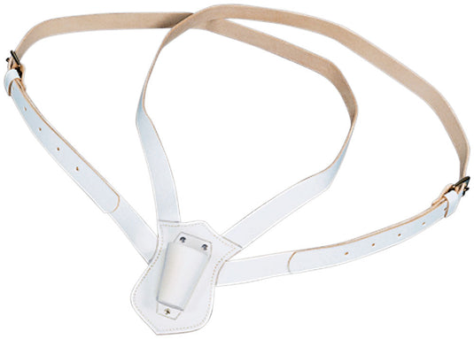 White leather Double Strap Carrying Belt for ceremonial use, featuring a clean, bright white finish. The belt is shaped to form a loop for wearing over the shoulder and includes a stitched central leather pocket designed to hold a flagpole or lance, secured with silver rivets and buckles.