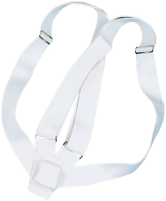 White web material Double Strap Carrying Belt for parades, featuring adjustable straps arranged in a figure-eight pattern. The design includes a lower front section with a square ring to hold a flagpole and utilizes simple metal hardware for adjustments.