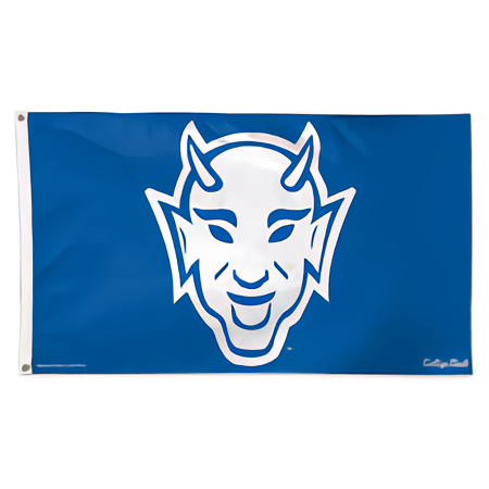 Deluxe 3'x5' Duke Blue Devils College Vault Flag featuring the classic white and blue Devil mascot logo centered on a vibrant blue background, complete with two metal grommets for hanging.