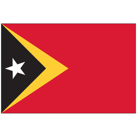 High-quality East Timor Nylon World Flag featuring a bright red field with black and yellow triangles layered on the hoist side. A white five-pointed star is centered within the black triangle.