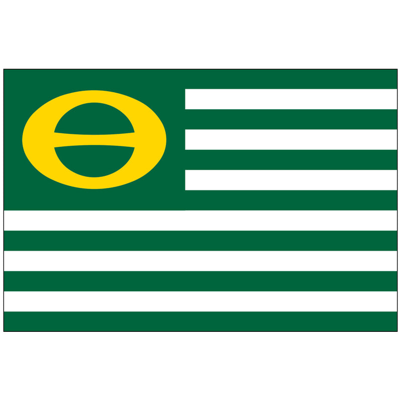 Load image into Gallery viewer, The Ecology Nylon World Flag featuring horizontal dark green and white stripes. In the upper hoist corner, a solid dark green field contains a large, yellow circle with a horizontal line through its center, representing the international ecology symbol.
