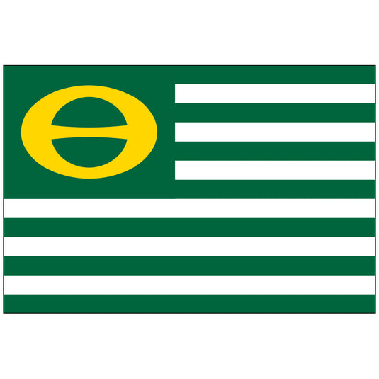 The Ecology Nylon World Flag featuring horizontal dark green and white stripes. In the upper hoist corner, a solid dark green field contains a large, yellow circle with a horizontal line through its center, representing the international ecology symbol.