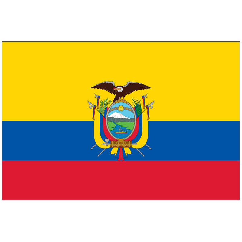 Load image into Gallery viewer, The Ecuador World Flag featuring the national coat of arms centered on the yellow, blue, and red horizontal tricolor. The yellow stripe is twice the width of the blue and red, and the coat of arms includes a condor and a shield depicting mountains, a ship, and the sun.
