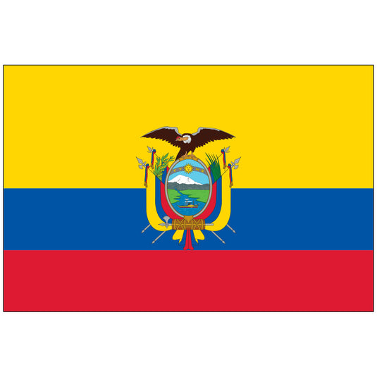 The Ecuador World Flag featuring the national coat of arms centered on the yellow, blue, and red horizontal tricolor. The yellow stripe is twice the width of the blue and red, and the coat of arms includes a condor and a shield depicting mountains, a ship, and the sun.