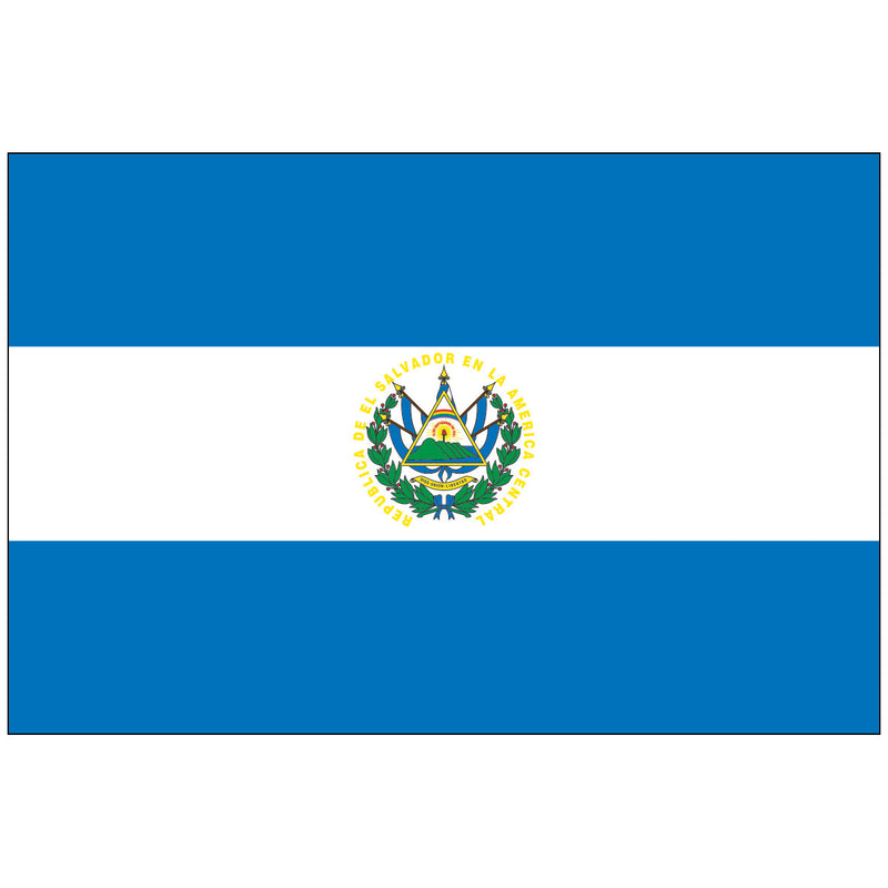 Load image into Gallery viewer, Official El Salvador World Flag featuring the national coat of arms centered on the white horizontal stripe. The emblem is a triangular shield surrounded by a gold laurel wreath and a yellow-texted circle with the inscription "REPÚBLICA DE EL SALVADOR EN LA AMÉRICA CENTRAL."
