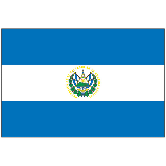 Official El Salvador World Flag featuring the national coat of arms centered on the white horizontal stripe. The emblem is a triangular shield surrounded by a gold laurel wreath and a yellow-texted circle with the inscription 