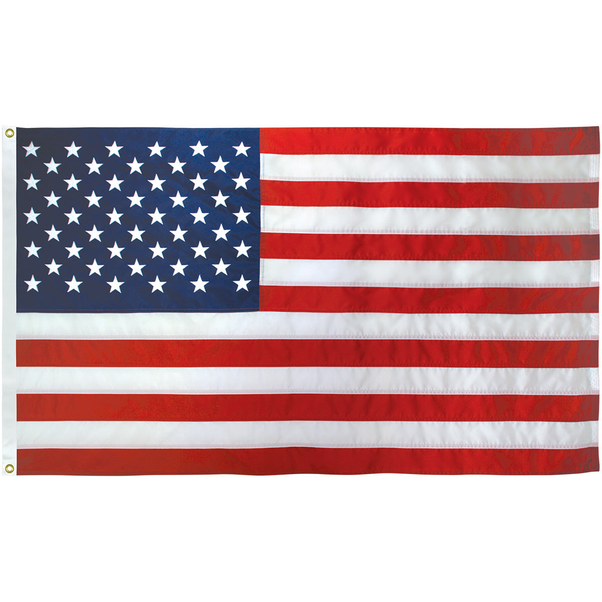 Endura II Nylon US Flag, size 3'x5', featuring bright white, embroidered stars on the rich blue canton and thirteen horizontal red and white stripes. The durable construction is highlighted by the cross-stitched detailing and two visible brass grommets.