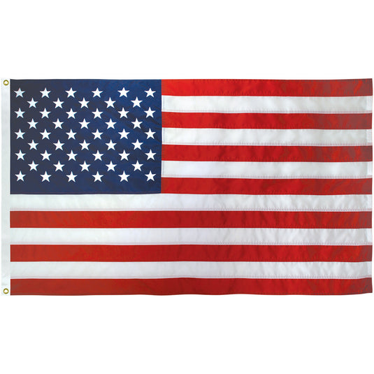Endura II Nylon US Flag, size 3'x5', featuring bright white, embroidered stars on the rich blue canton and thirteen horizontal red and white stripes. The durable construction is highlighted by the cross-stitched detailing and two visible brass grommets.