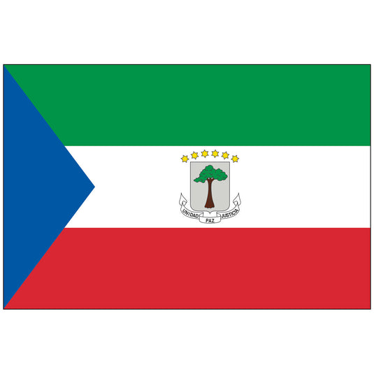 The Equatorial Guinea Nylon World Flag, featuring equal horizontal stripes of green, white, and red. A blue triangle is positioned at the hoist, and the national coat of arms—displaying a silk-cotton tree and six yellow stars—is centered on the white stripe.