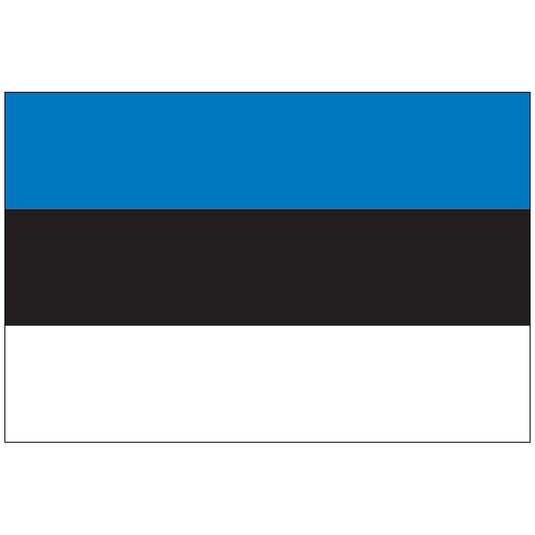 The Estonia World Flag displaying three equal-sized horizontal stripes in the colors of blue (top), black (middle), and white (bottom), representing the nation's sky, soil, and snow/aspirations, respectively.