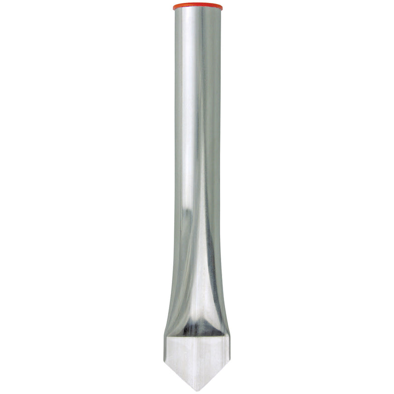 Load image into Gallery viewer, Stainless steel Fabricated Flagpole Lawn Socket featuring a tall, galvanized tube body and a sharpened, wedge-shaped drive point at the bottom for easy installation into the ground. A red cap is visible at the top opening.
