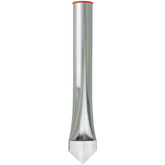 Stainless steel Fabricated Flagpole Lawn Socket featuring a tall, galvanized tube body and a sharpened, wedge-shaped drive point at the bottom for easy installation into the ground. A red cap is visible at the top opening.