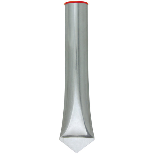 Galvanized metal Fabricated Flagpole Lawn Socket designed as a drive stake. The smooth, shiny metal tube tapers to a durable, pointed tip, providing a temporary or permanent base for outdoor residential flagpoles.