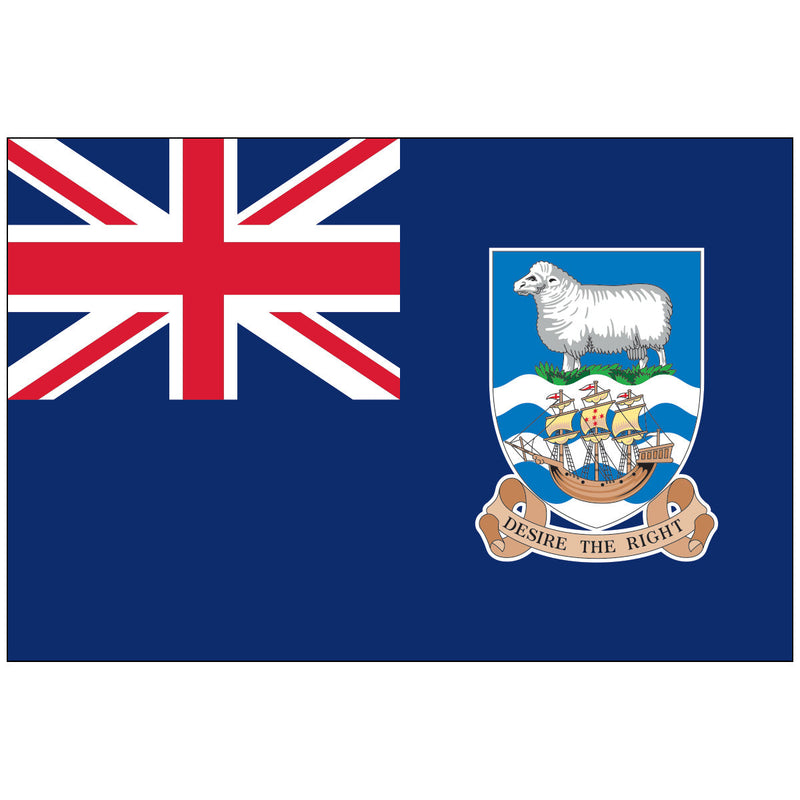 Load image into Gallery viewer, The Falkland Islands Nylon World Flag, a blue ensign featuring the United Kingdom's Union Jack in the canton. The fly side displays the Falkland Islands coat of arms, which includes a white ram standing atop a shield with a sailing ship and the motto "DESIRE THE RIGHT."
