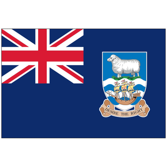 The Falkland Islands Nylon World Flag, a blue ensign featuring the United Kingdom's Union Jack in the canton. The fly side displays the Falkland Islands coat of arms, which includes a white ram standing atop a shield with a sailing ship and the motto 