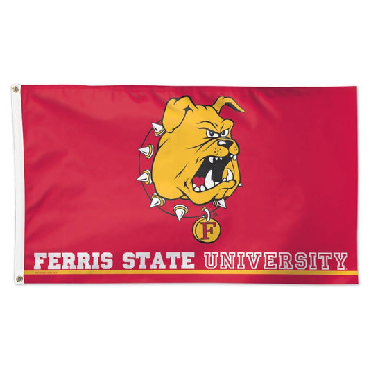 Deluxe 3' x 5' Ferris State Bulldogs NCAA Flag featuring the university's angry, yellow bulldog mascot wearing a spiked collar, centered on a bright red field. The bottom edge includes the bold white text "FERRIS STATE UNIVERSITY" underlined by a thin yellow stripe.