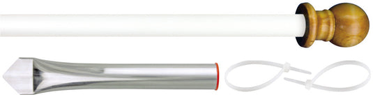 Fiberglass display flagpole complete kit with wood finial, ground sleeve, and mounting ties shown in full assembly layout.