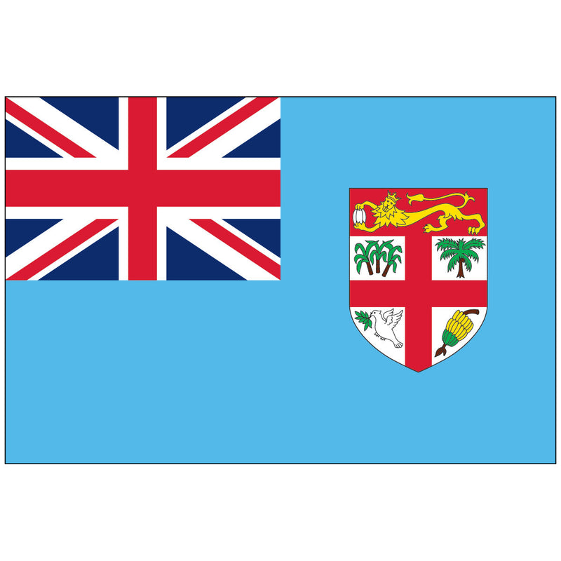 Load image into Gallery viewer, The Fiji Nylon World Flag featuring a light blue field with the Union Jack in the canton. The fly side displays the national coat of arms, a white shield quartered by a red St. George's cross, depicting various symbols including a lion, sugarcane, and a dove of peace.
