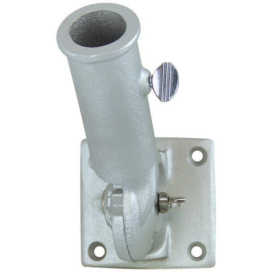 Single Aluminum Adjustable Flagpole Bracket in a textured silver or aluminum finish. This cast-metal mounting hardware has a square base with four screw holes and allows the flag pole angle to be easily changed.