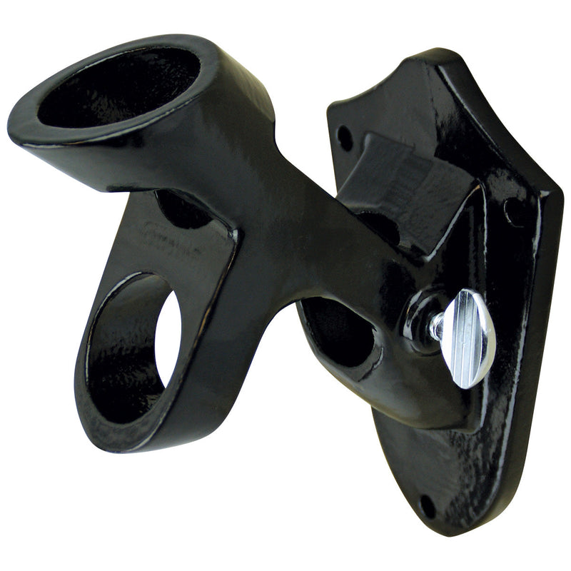 Load image into Gallery viewer, Glossy black Flagpole Aluminum Multi Purpose Bracket offering two angles for residential flagpoles. The durable aluminum hardware is secured to the wall plate with three mounting screws and includes a silver thumbscrew for securing the pole.
