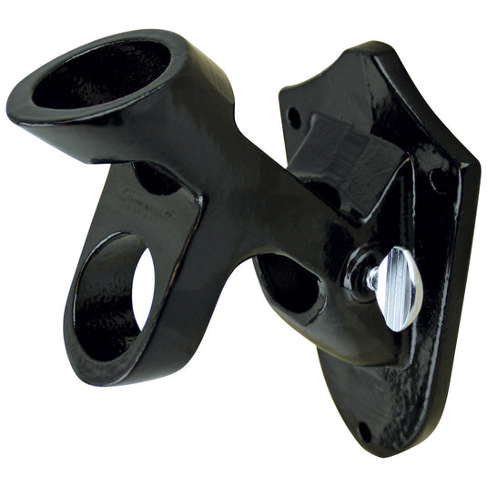 Glossy black Flagpole Aluminum Multi Purpose Bracket offering two angles for residential flagpoles. The durable aluminum hardware is secured to the wall plate with three mounting screws and includes a silver thumbscrew for securing the pole.