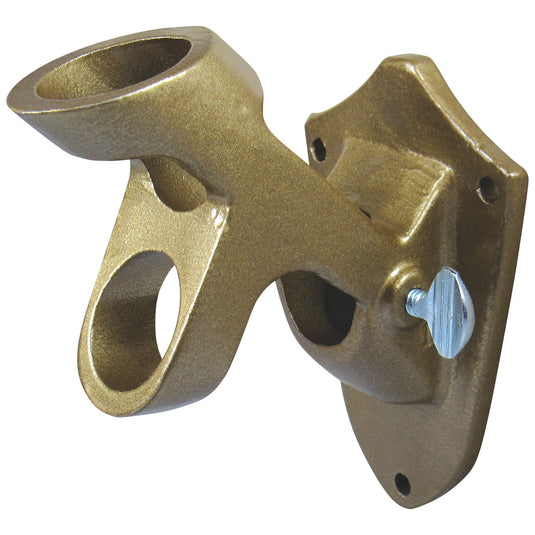 Gold-finished Flagpole Aluminum Multi Purpose Bracket with a decorative wall plate and two distinct receiving tubes. This dual-position bracket uses a single silver thumbscrew to lock the flagstaff into the lower, less-steeply angled position.