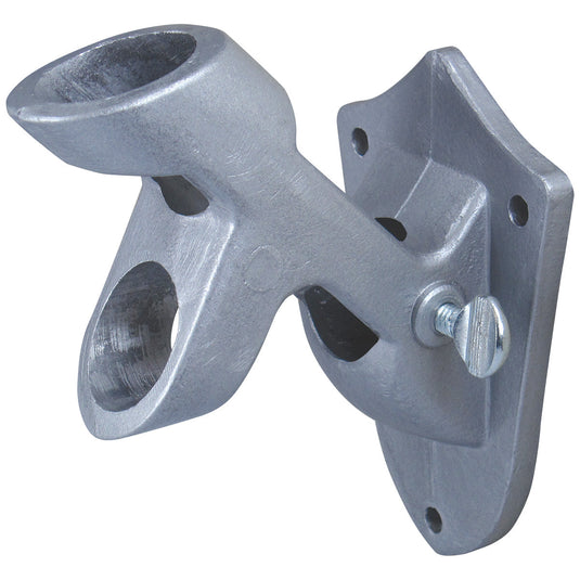 Textured silver Flagpole Aluminum Multi Purpose Bracket. This heavy-duty, cast aluminum mount provides two flag display angles and features a decorative wall plate with three visible screw holes and a locking thumbscrew.