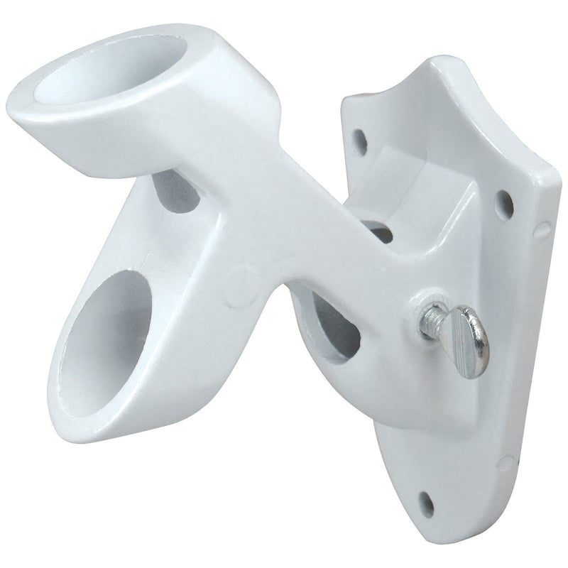 Load image into Gallery viewer, White, powder-coated Flagpole Aluminum Multi Purpose Bracket featuring two separate flagpole slots—one angled steeply and one angled moderately—for different flag display positions. The ornamental, shield-shaped wall plate is secured with a silver thumbscrew.
