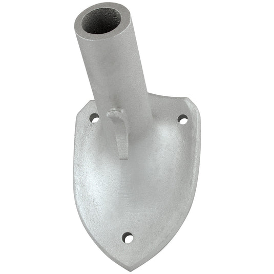 Single Aluminum Wall Shield Flagpole Bracket with a rough cast-silver finish. The bracket features a decorative shield-shaped mounting plate with three screw holes and a steeply angled receiving socket for the flagstaff.