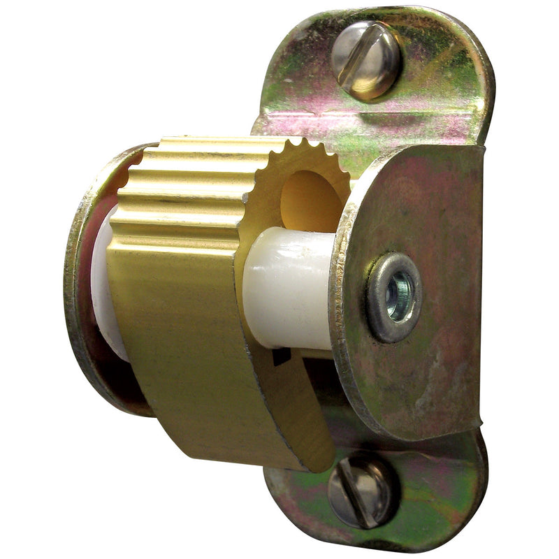 Load image into Gallery viewer, Angled view of the Flagpole Cam Action Cleat mechanism, highlighting the large, toothed brass or gold-colored cam and the surrounding galvanized steel bracket, used for instantly securing flagpole halyard lines without tying.
