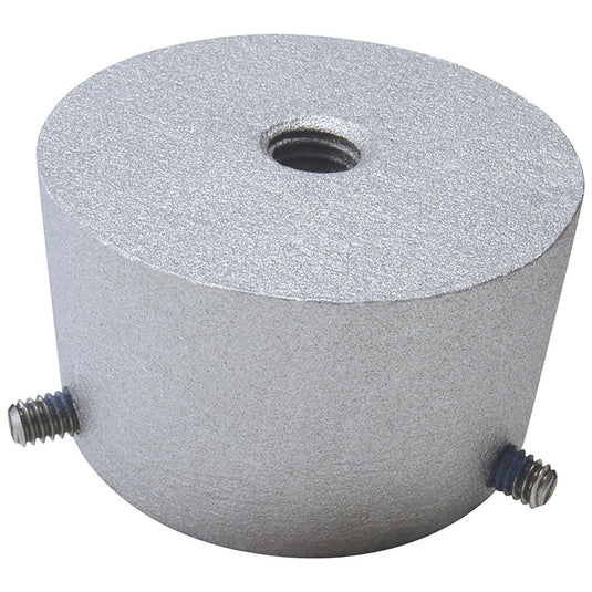Textured, silver-colored cast aluminum Flagpole Cap (plug) designed to cover the top opening of a flagpole. The cap features a central threaded hole for attaching a finial or ornament and two visible set screws on the sides for secure installation.