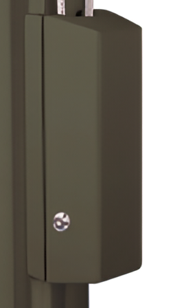 Load image into Gallery viewer, Close-up of a dark brown or bronze powder-coated Flagpole Cleat Cover Box mounted on a matching dark pole, showing the clean, rectangular design and a single security screw on the lower front panel.
