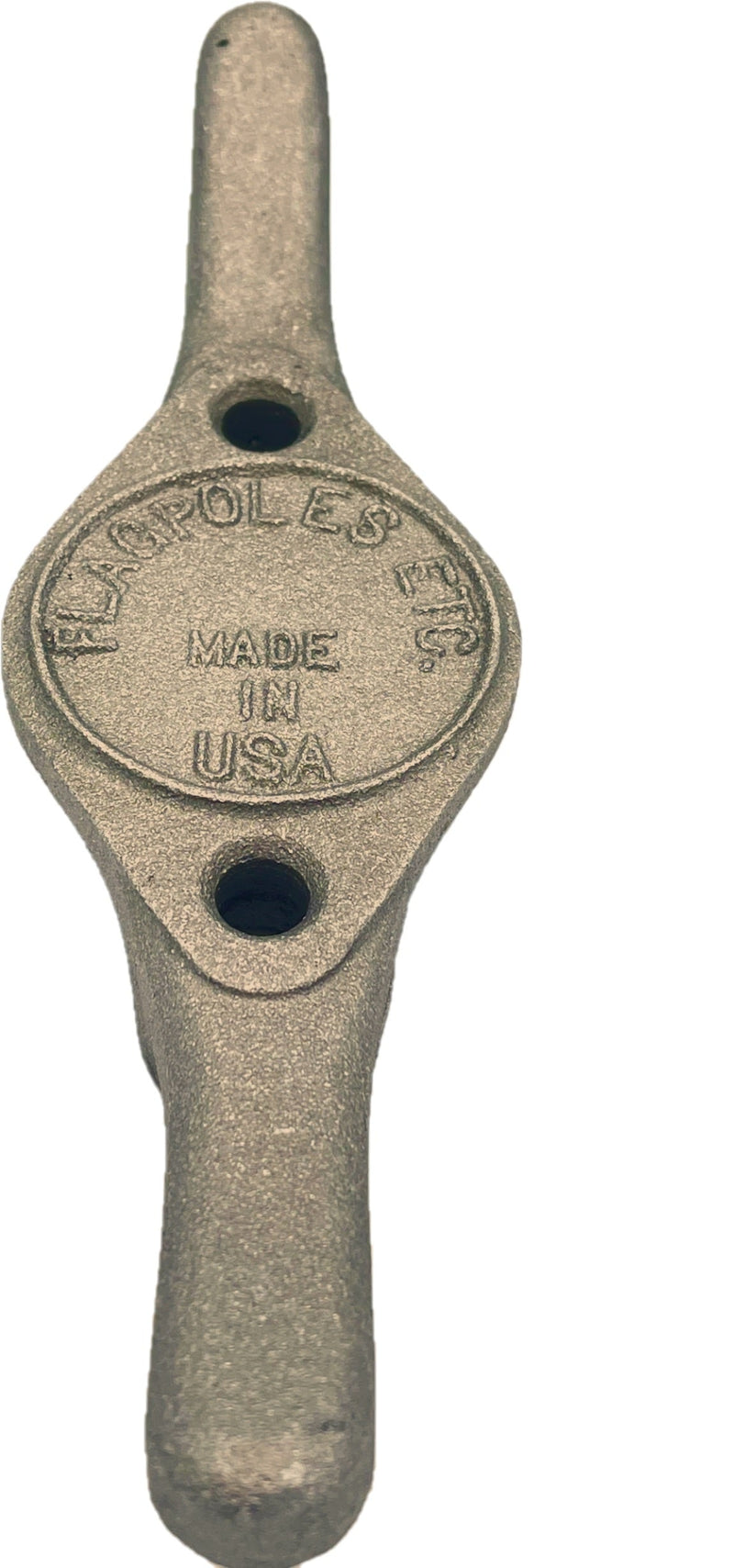 Load image into Gallery viewer, Heavy Duty Cast Aluminum Flagpole Cleat shown in a dark bronze or weathered brown finish. The robust cleat features a central label stating "MADE IN USA" and two elongated horns for securely wrapping the flagpole rope.
