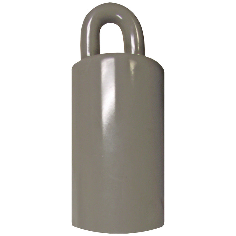 Load image into Gallery viewer, Light gray Flagpole Counterweight with a solid, cylindrical body and a smooth, curved loop integrated into the top. This component ensures the halyard drops when slack is released in internal systems.
