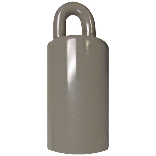 Light gray Flagpole Counterweight with a solid, cylindrical body and a smooth, curved loop integrated into the top. This component ensures the halyard drops when slack is released in internal systems.