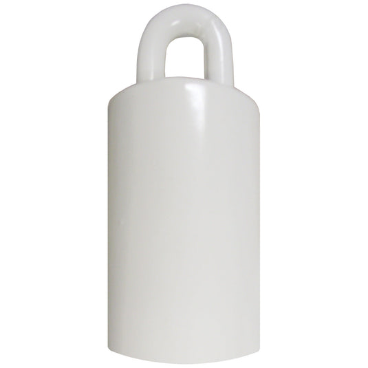 Glossy white Flagpole Counterweight with a rounded, closed loop at the top for attachment. This cylindrical, weighted component is used in internal halyard systems to keep the flag taut.