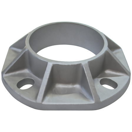 Heavy-duty, silver Flagpole Shoe Base made of cast metal. This round mounting plate features a central collar for the flagpole shaft and two prominent bolt holes on the flared base for surface mounting.