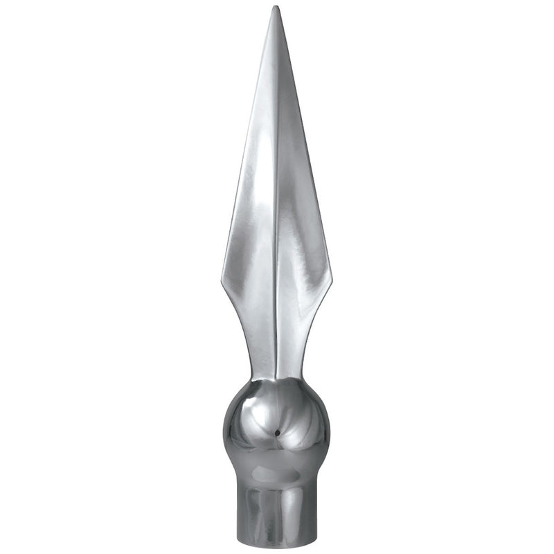 Load image into Gallery viewer, Bright silver or chrome-plated Flat Spear Finial with Ferrule for indoor flagpoles. This ceremonial ornament has a sharp, flat diamond shape and a highly reflective surface, designed to securely cap a wooden pole.
