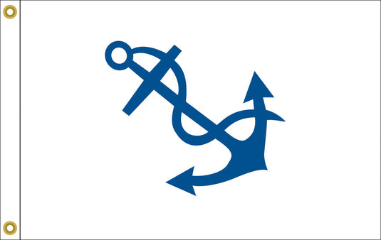 The Fleet Captain Officer Flag, featuring a solid white field with a stylized, centered blue foul anchor design. The flag includes two brass grommets on the hoist side for secure mounting.
