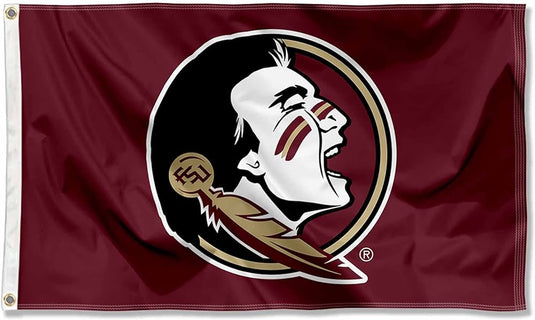 Deluxe 3'x5' Florida State Seminoles Flag featuring the school's official logo centered on a solid crimson or deep burgundy field. The logo displays the profile of a Seminole warrior with striped face paint, encircled in gold and white trim.