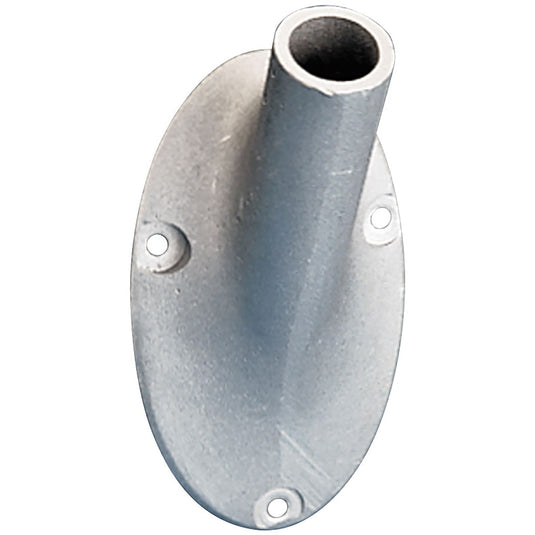Single cast aluminum Franklin Series Outrigger Wall Bracket with a textured silver finish. The bracket features a unique oval mounting plate and a single, permanently angled flagpole receptacle, secured by three visible screw holes.