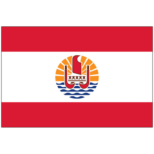 Vibrant red-white-red nylon flag of French Polynesia, showcasing the central national emblem: an orange sun, blue ocean waves, and a red Polynesian outrigger canoe with five stylized figures, representing the five archipelagos.